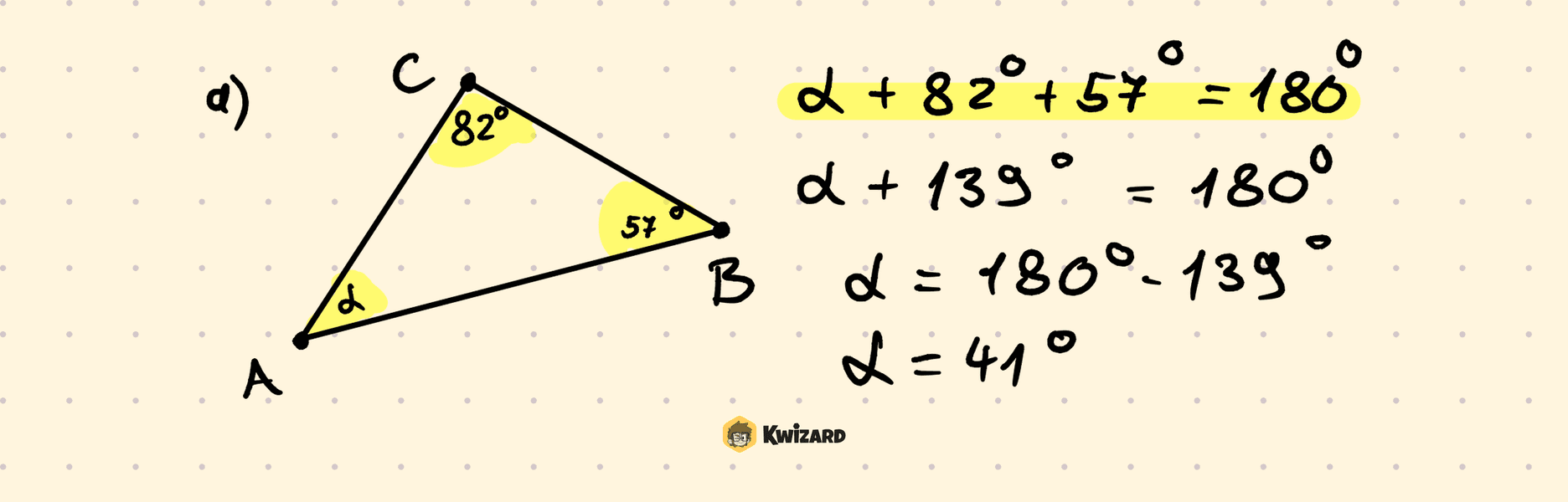 Primjer a: treći kut trokuta – obojani matematički postupak