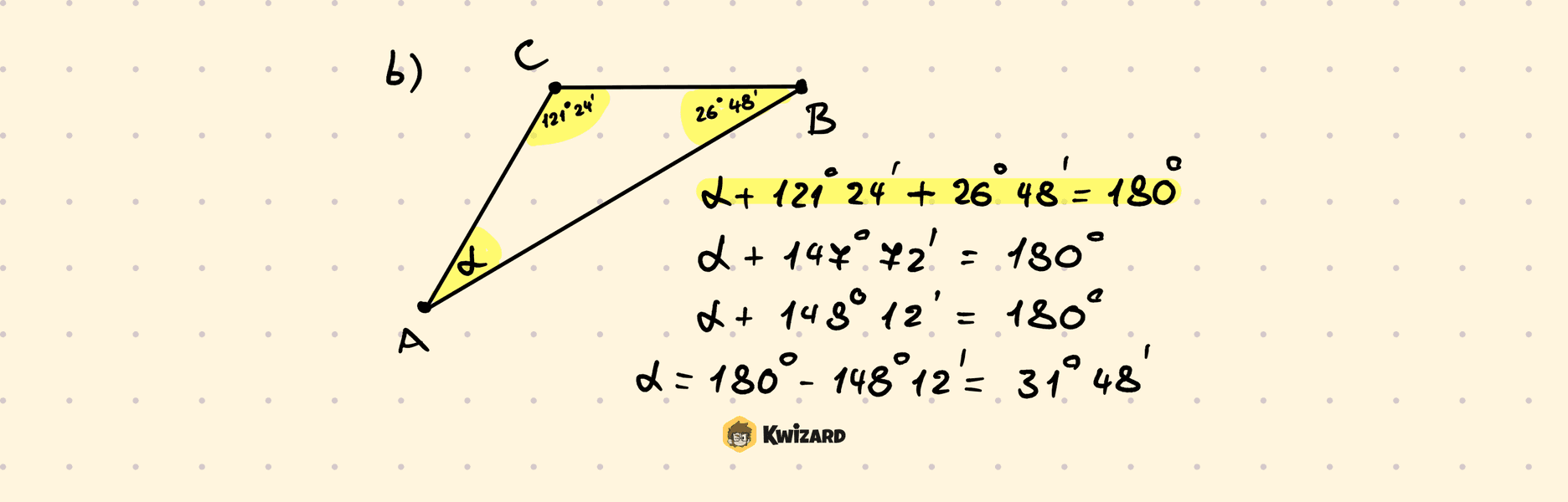 Primjer b: treći kut trokuta – obojani matematički postupak